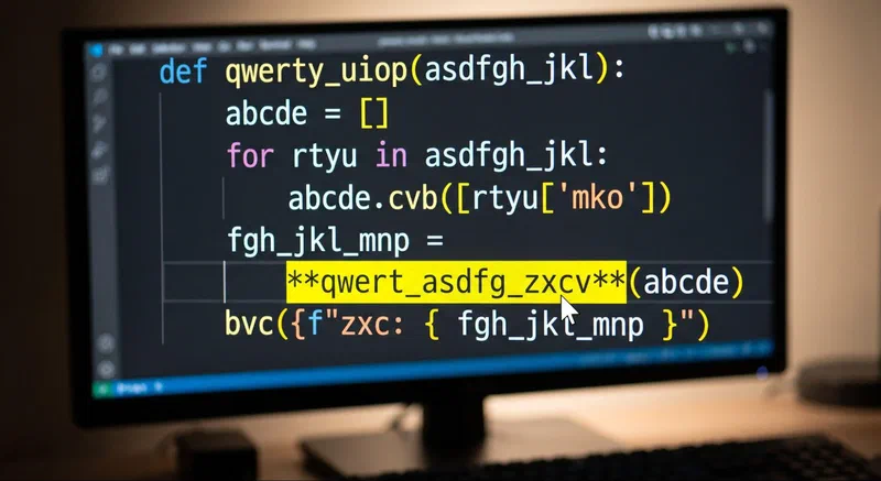 AI generated image. Computer monitor showing placeholder code with one function call highlighted in yellow
