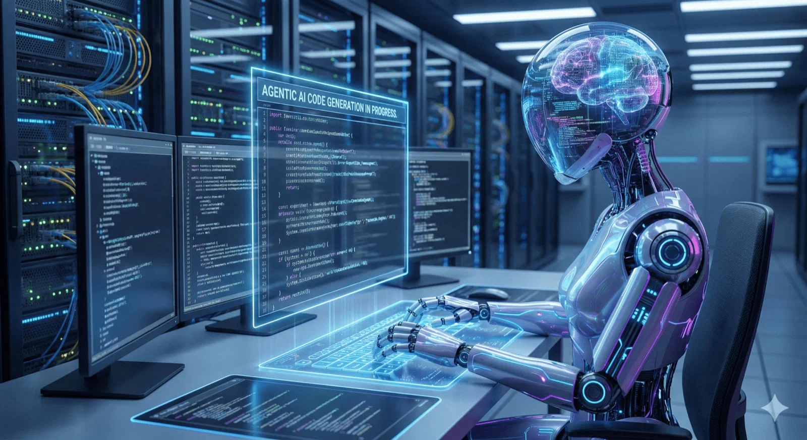 Humanoid AI robot writing code on holographic screens in a data center