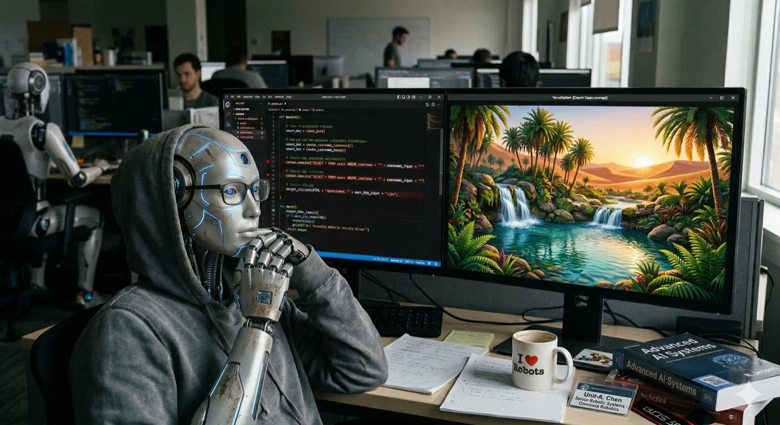 Robot developer gazing at a fantasy oasis rendered on its monitor - an AI coding hallucination