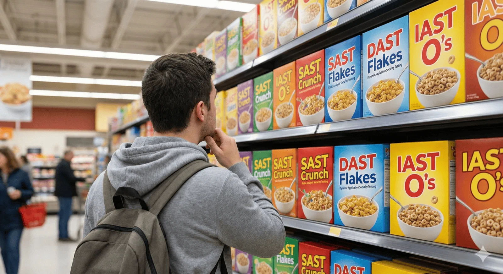 Shopper facing supermarket shelves of near-identical cereal boxes labeled SAST Flakes - choosing between lookalike AppSec testing tools