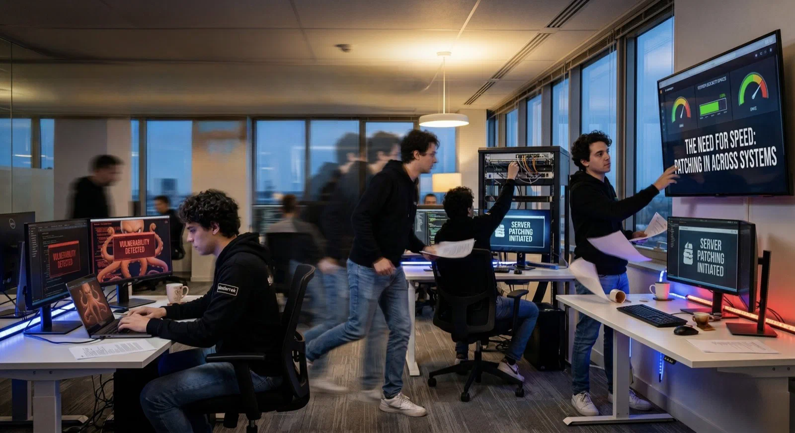 Development team collaborating at their desks in the evening