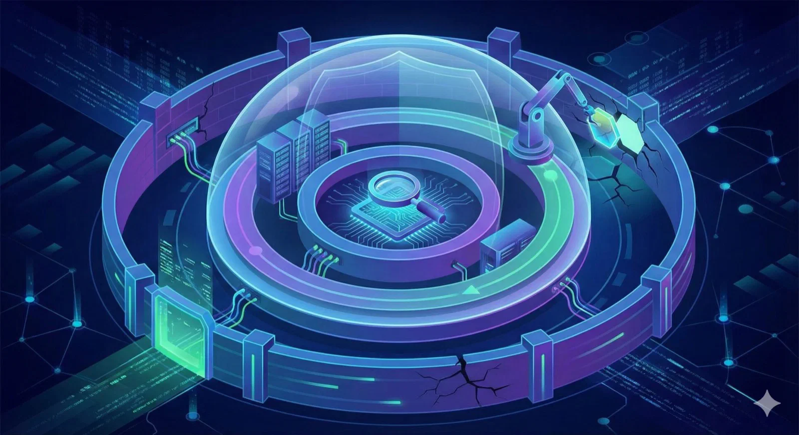 Isometric illustration of a glowing protective ring encircling an application runtime