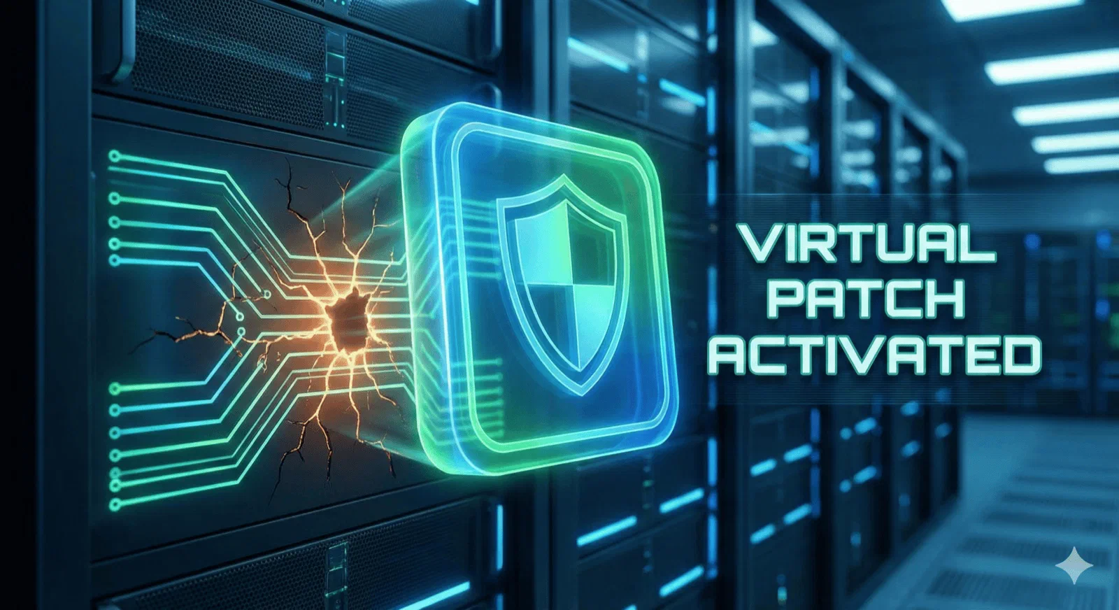 Shield in a server room with the message Virtual Patch Activated