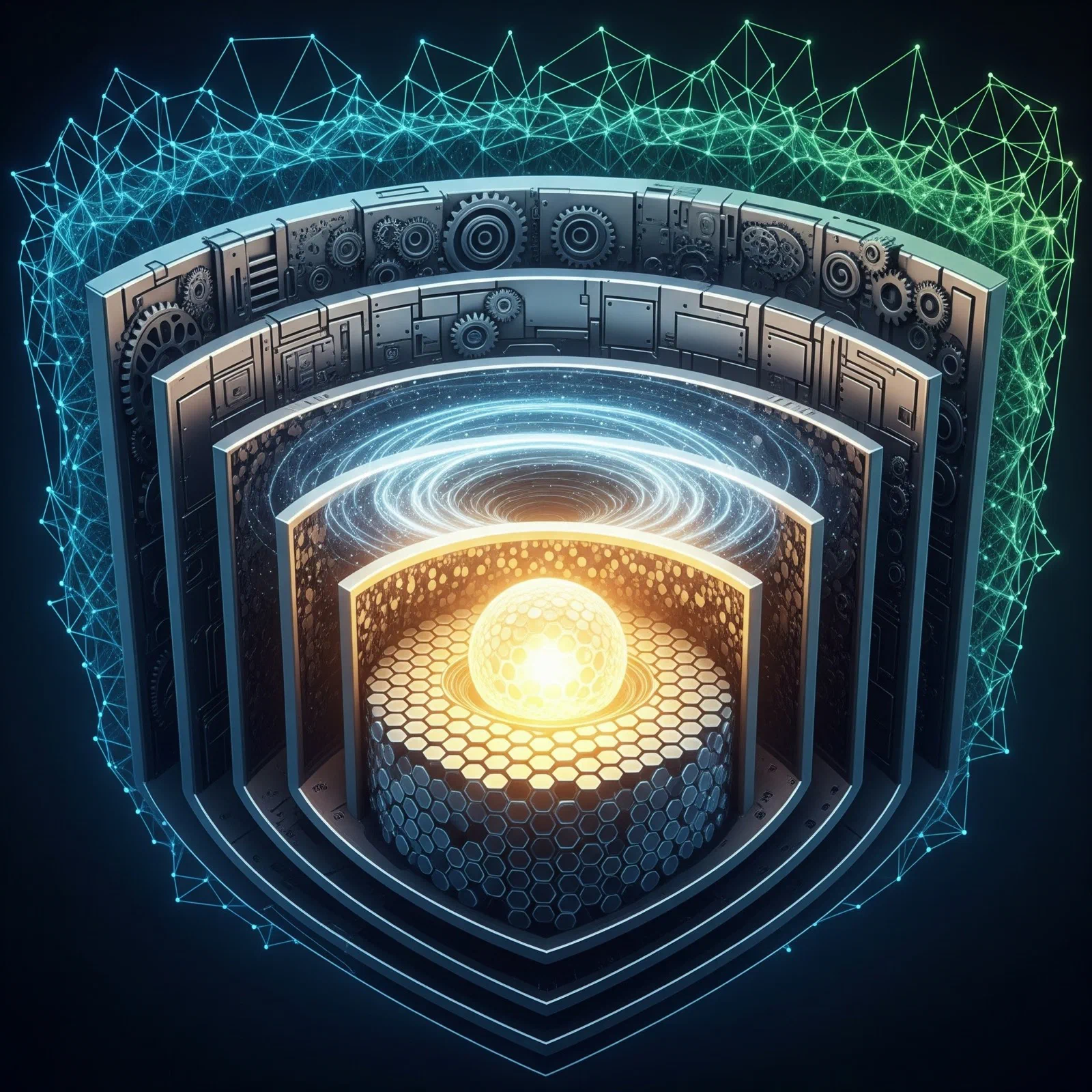Layered security shields protecting a glowing application core